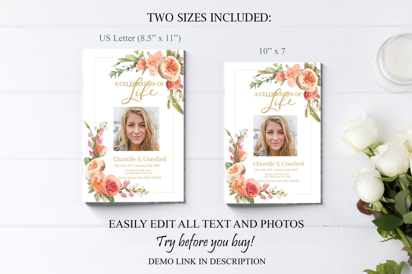 Peach Flower Funeral Service Program Template - 8 Page - lovingmemoryprints