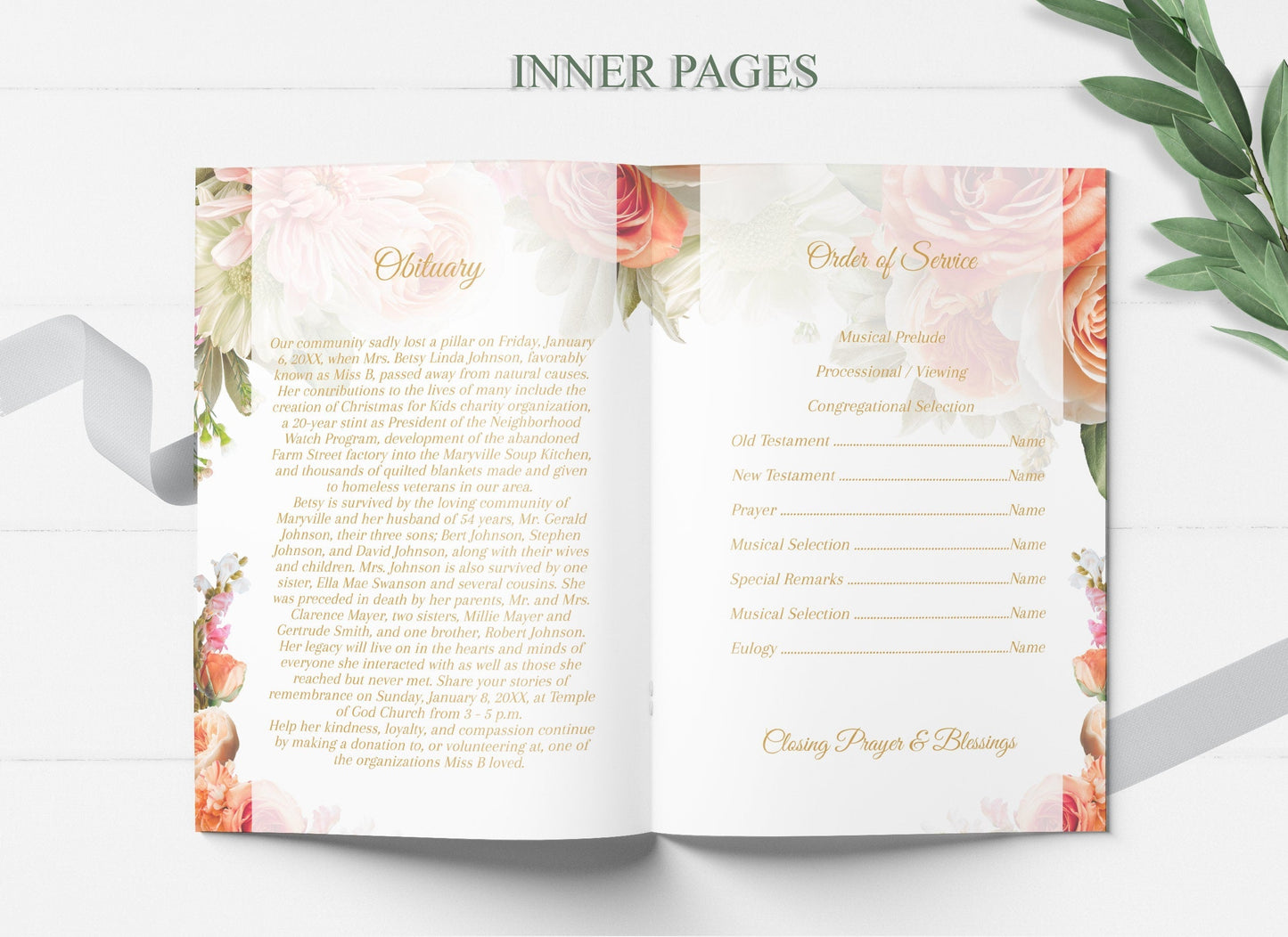 Peach Flower Funeral Service Program Template - 8 Page - lovingmemoryprints
