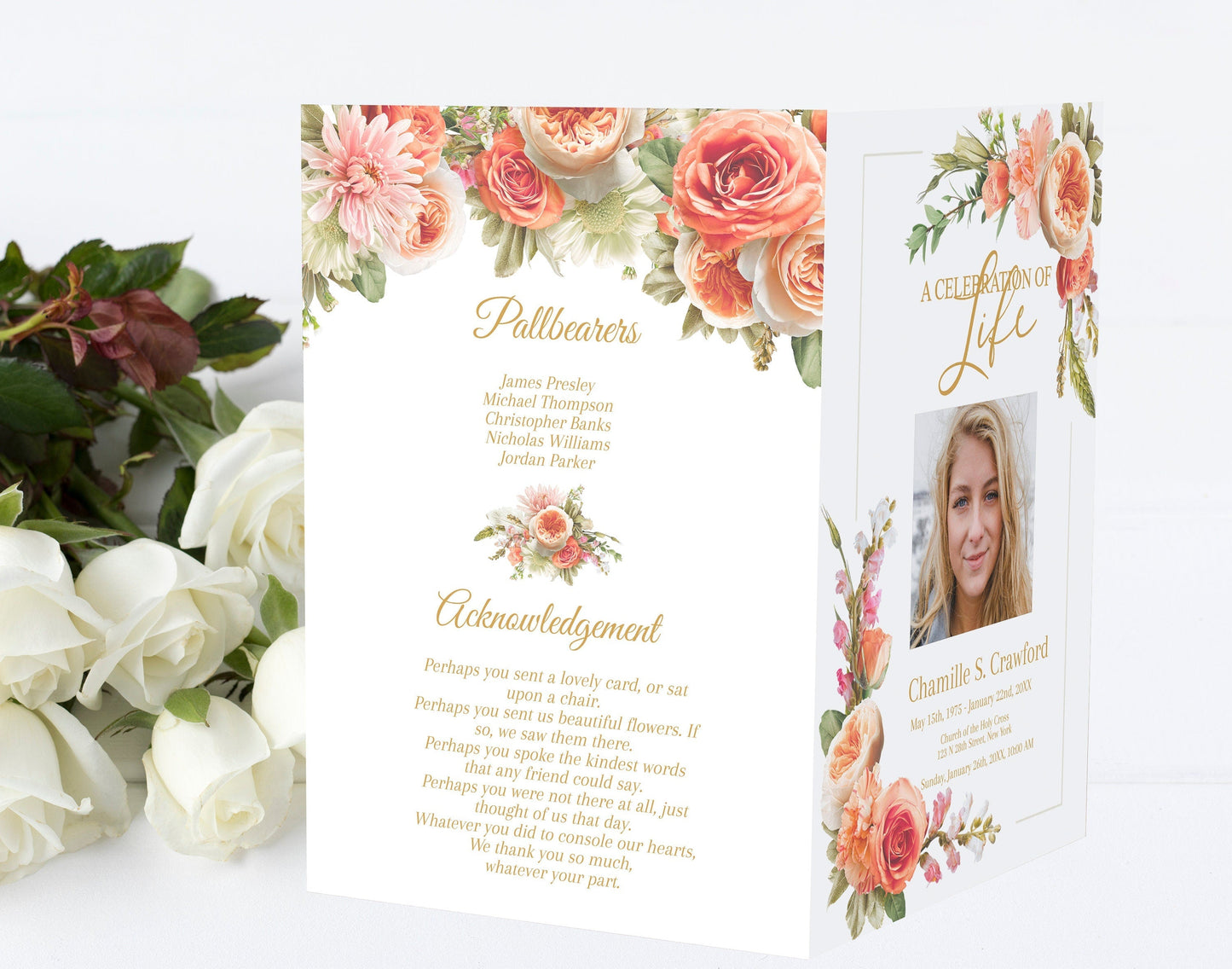 Peach Flower Funeral Service Program Template - 8 Page - lovingmemoryprints