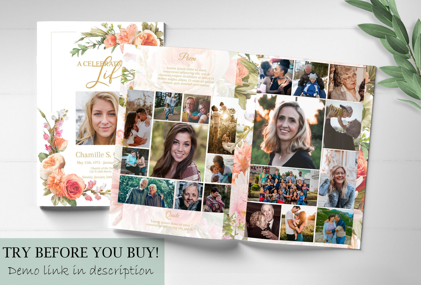 Peach Flower Funeral Service Program Template - 8 Page - lovingmemoryprints