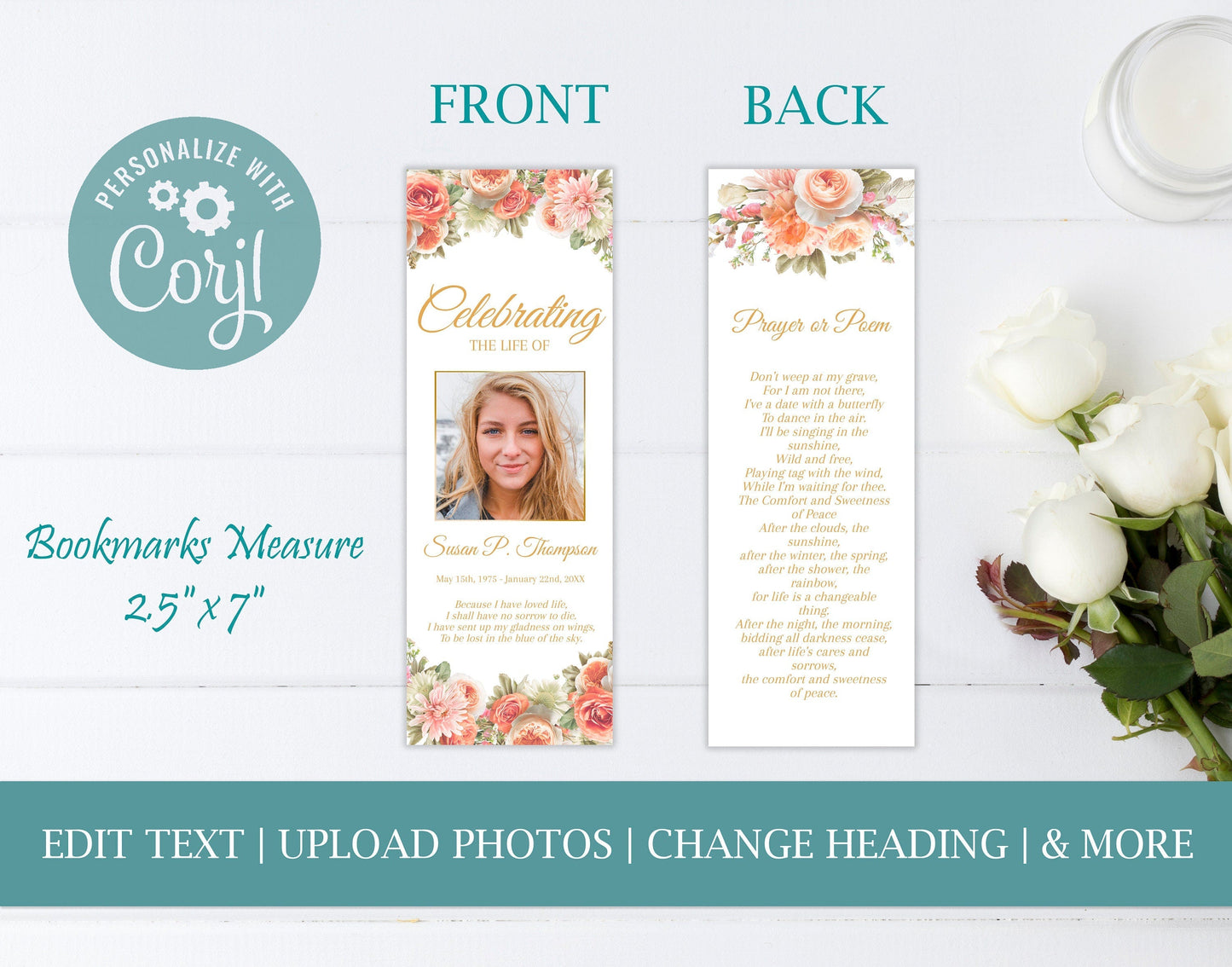 Peach Roses Funeral Bookmark Keepsakes Template - lovingmemoryprints