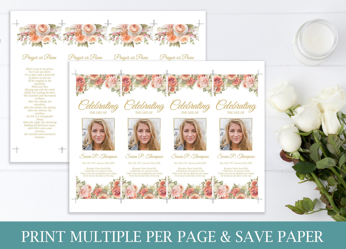 Peach Roses Funeral Bookmark Keepsakes Template - lovingmemoryprints