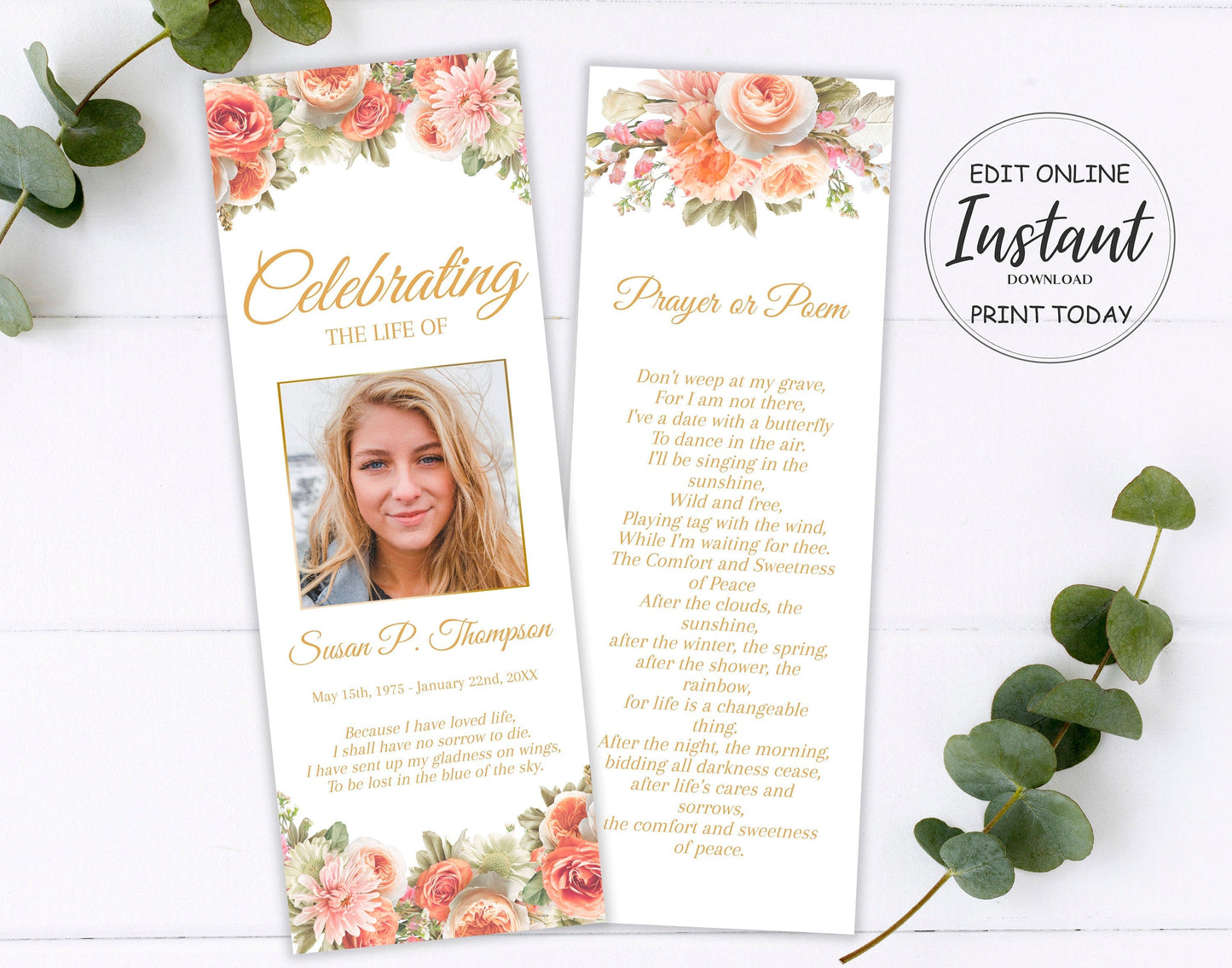 Peach Roses Funeral Bookmark Keepsakes Template - lovingmemoryprints