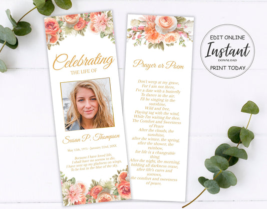 Peach Roses Funeral Bookmark Keepsakes Template - lovingmemoryprints