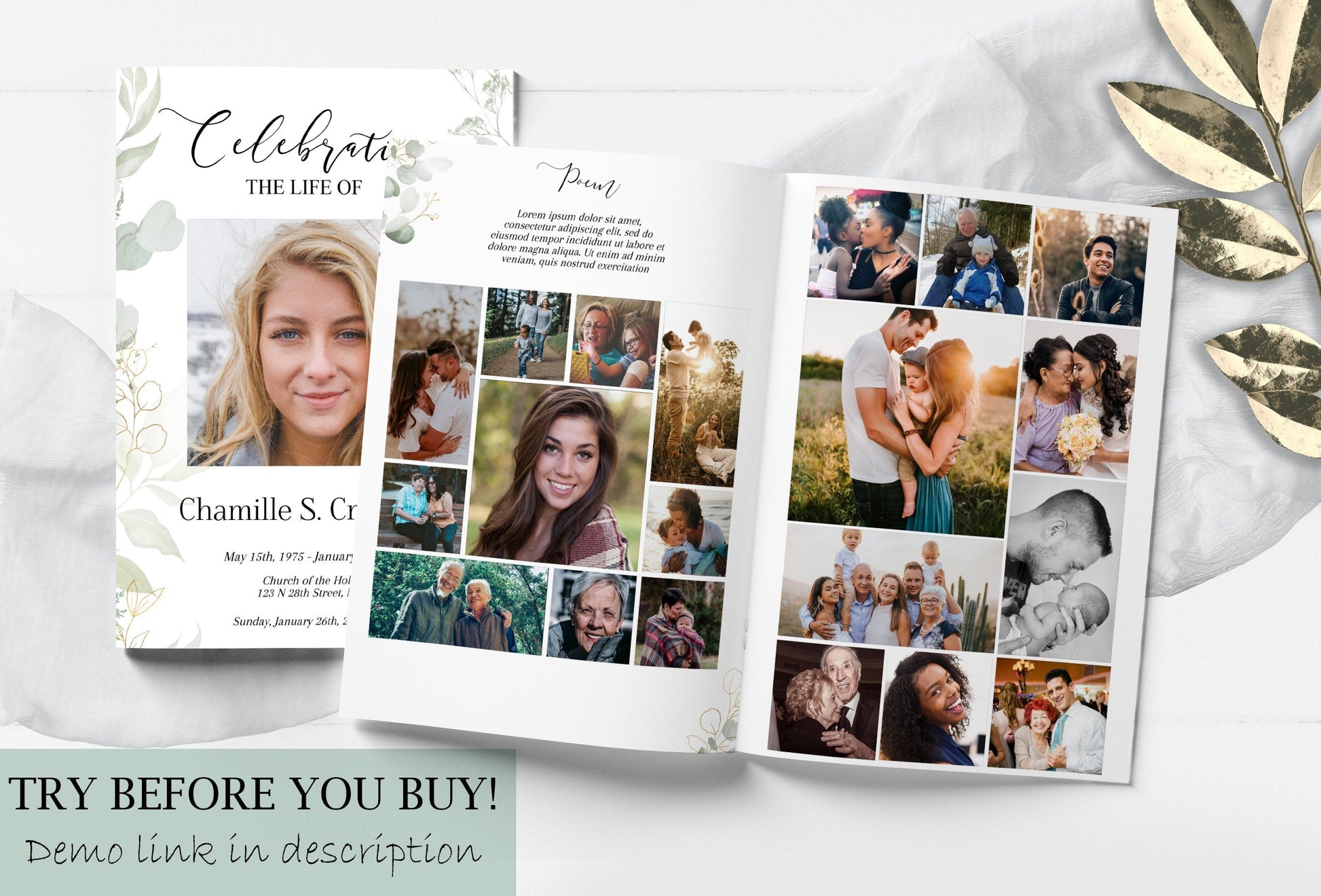 Photo Collage Funeral Program Template - 8 Page - lovingmemoryprints