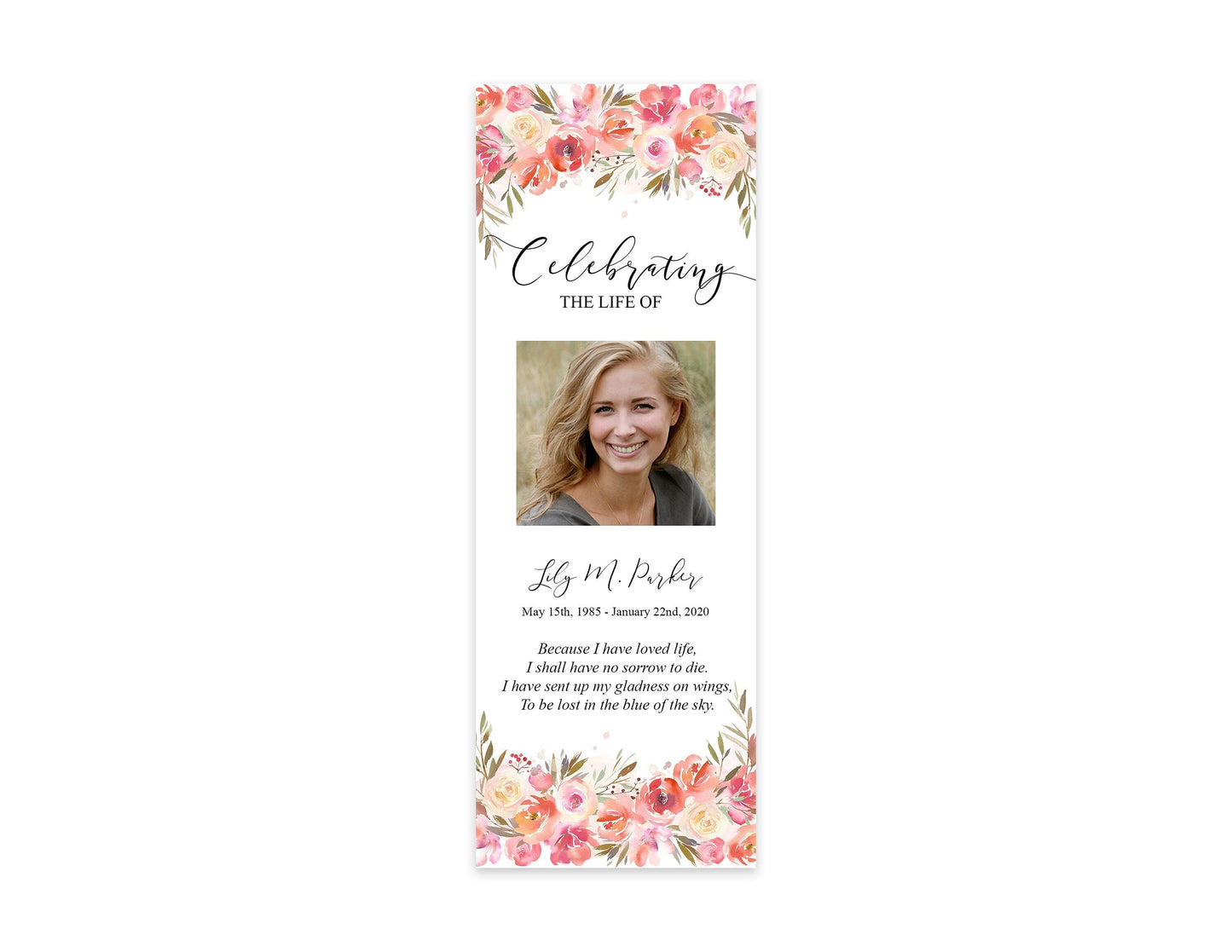 Pink Floral Funeral Bookmark Template - lovingmemoryprints