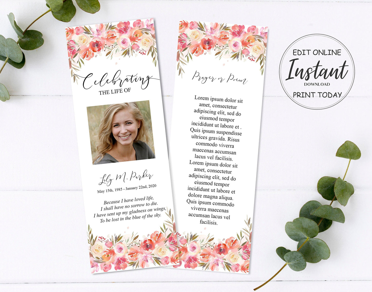 Pink Floral Funeral Bookmark Template - lovingmemoryprints