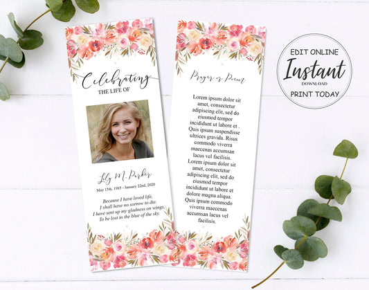Pink Floral Funeral Bookmark Template - lovingmemoryprints