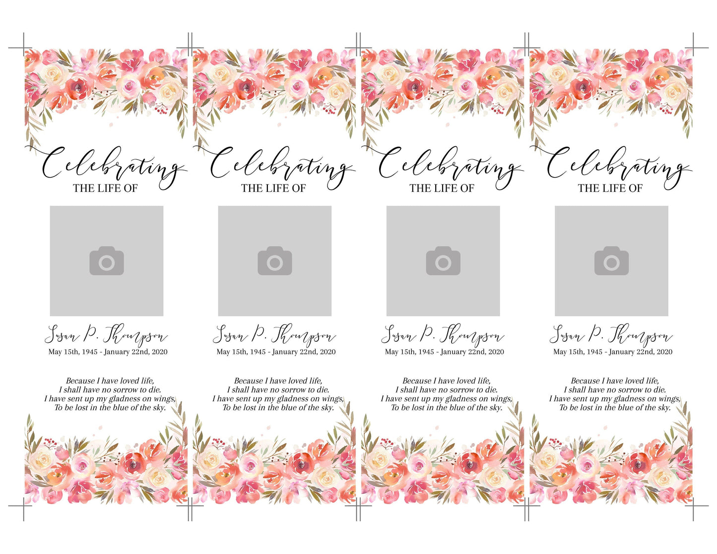 Pink Floral Funeral Bookmark Template - lovingmemoryprints