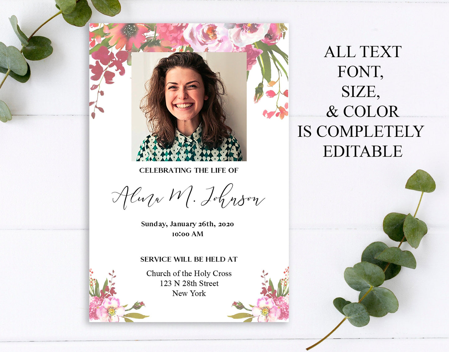 Pink Floral Funeral Invitation Template - lovingmemoryprints