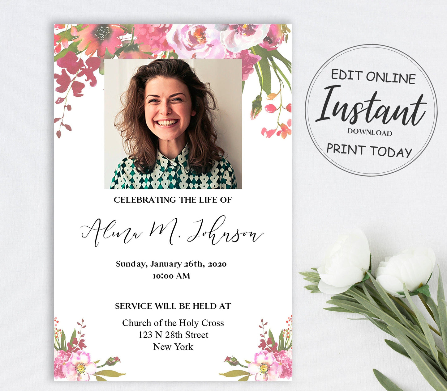 Pink Floral Funeral Invitation Template - lovingmemoryprints