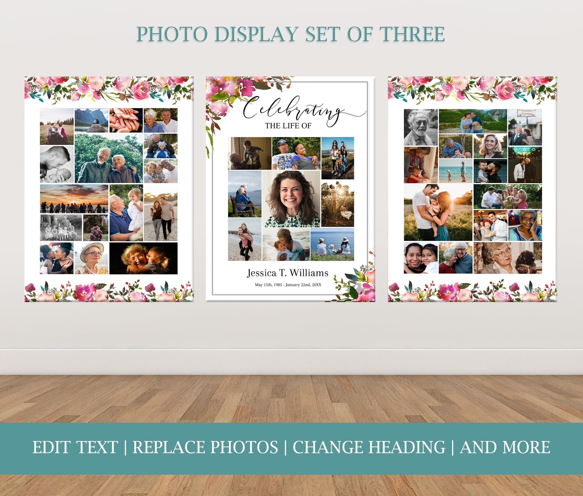 Pink Floral Funeral Photo Display Collage - Set of 3 - lovingmemoryprints