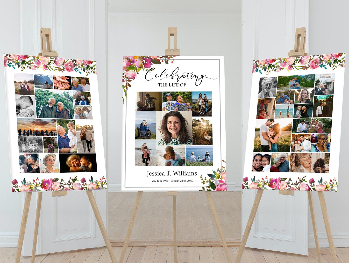 Pink Floral Funeral Photo Display Collage - Set of 3 - lovingmemoryprints