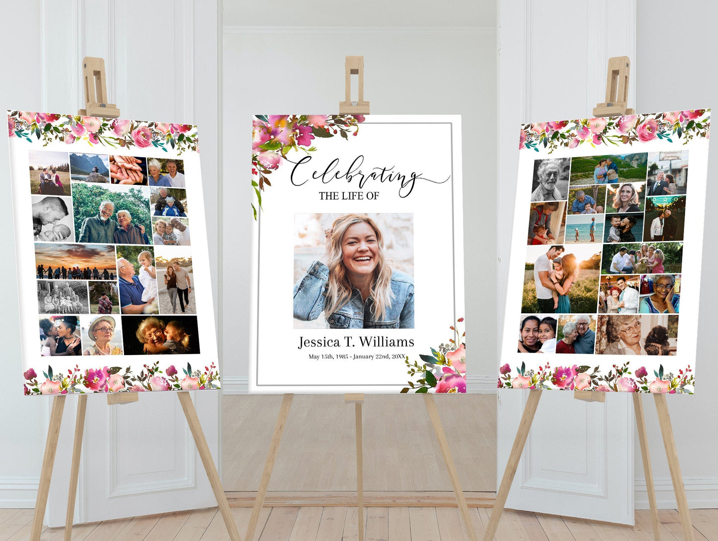 Pink Floral Funeral Photo Display Collage - Set of 3 - lovingmemoryprints
