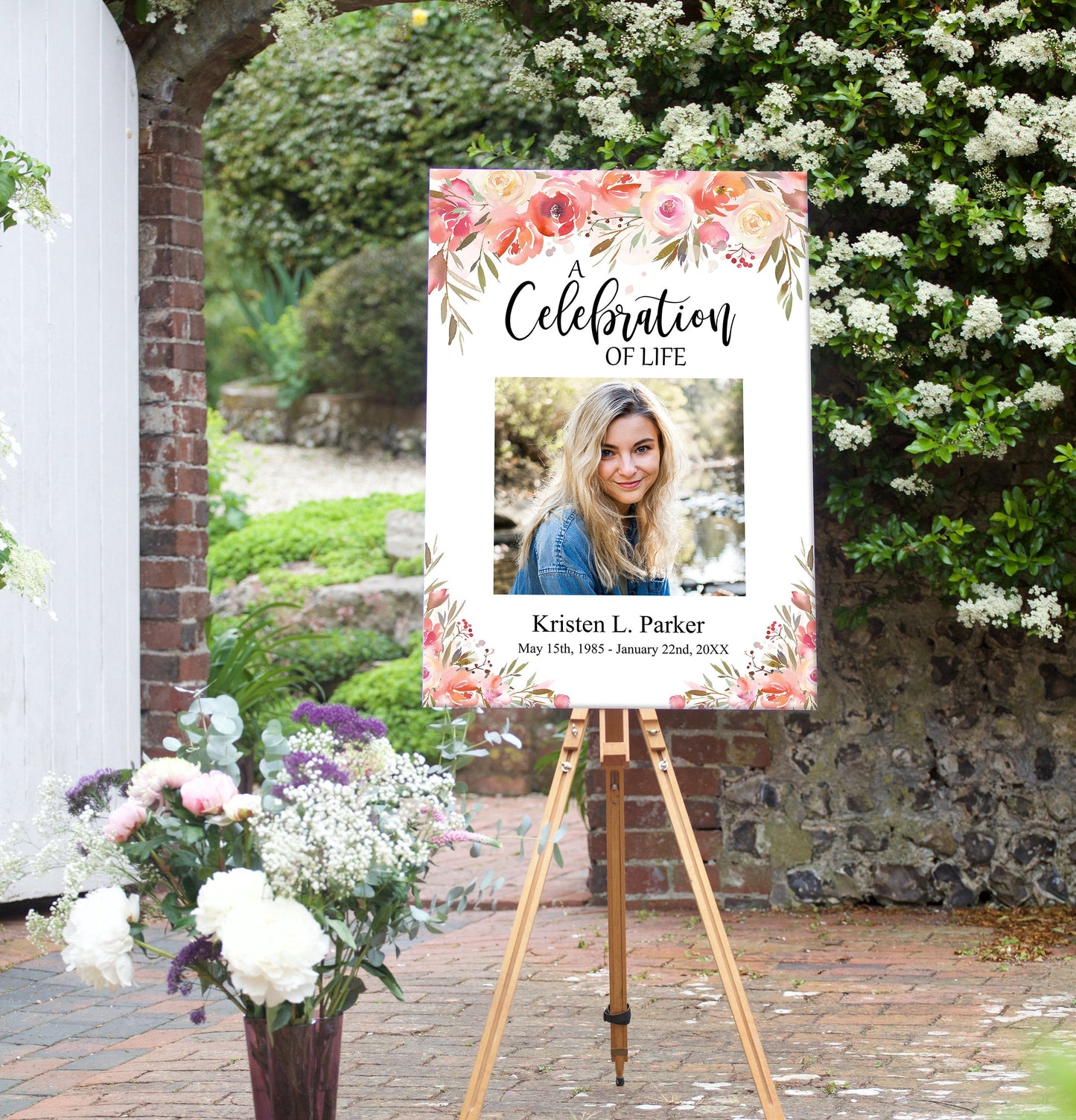 Pink Floral Funeral Photo Display Poster - lovingmemoryprints