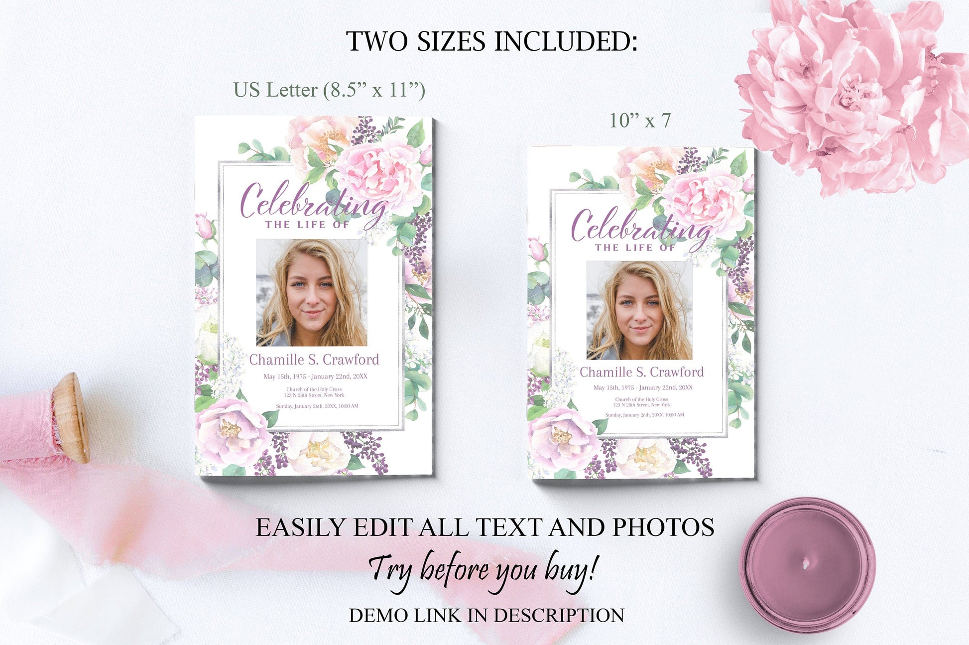 Pink Floral Funeral Program Template For Girl - 8 Page - lovingmemoryprints