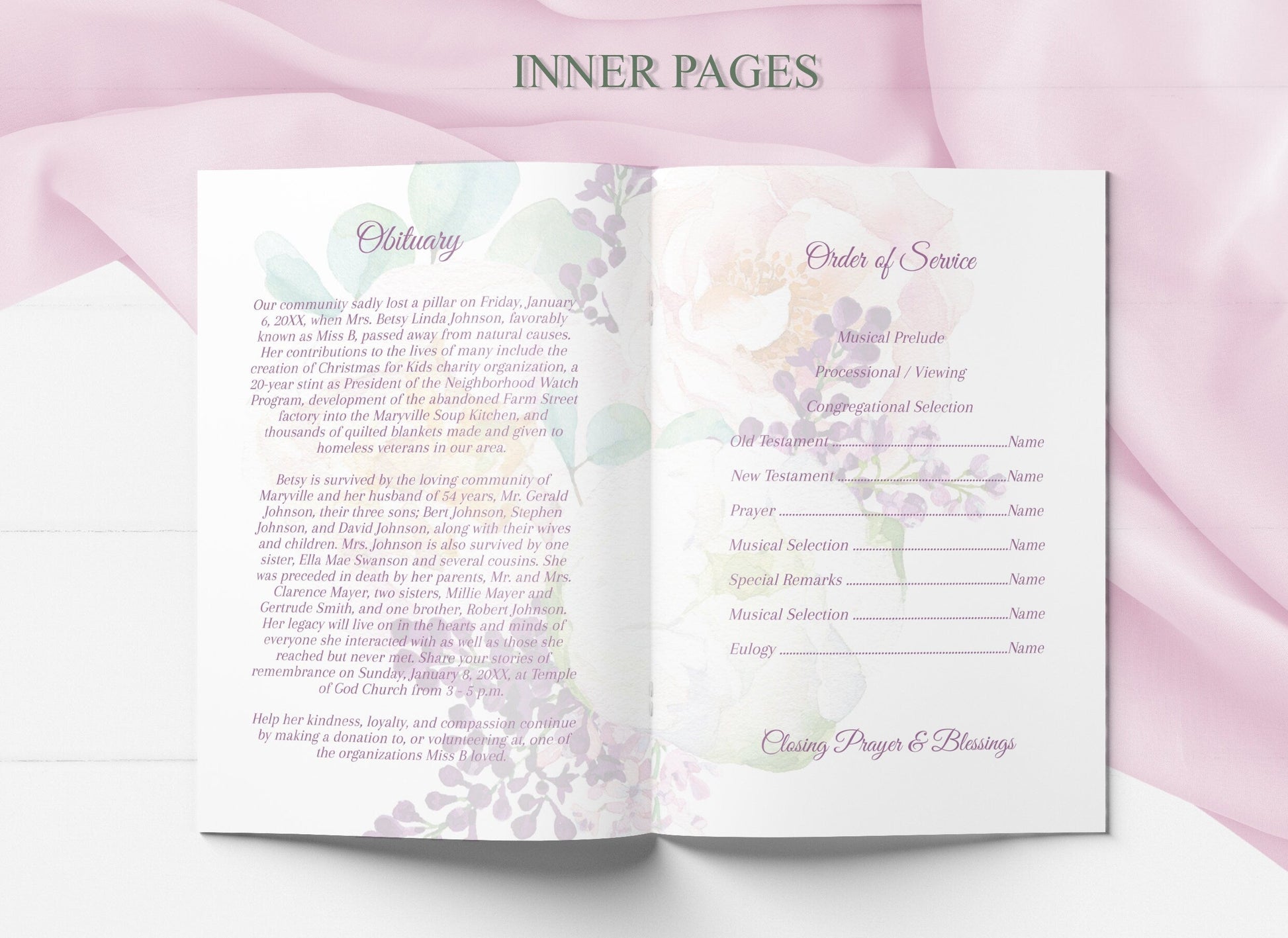 Pink Floral Funeral Program Template For Girl - 8 Page - lovingmemoryprints