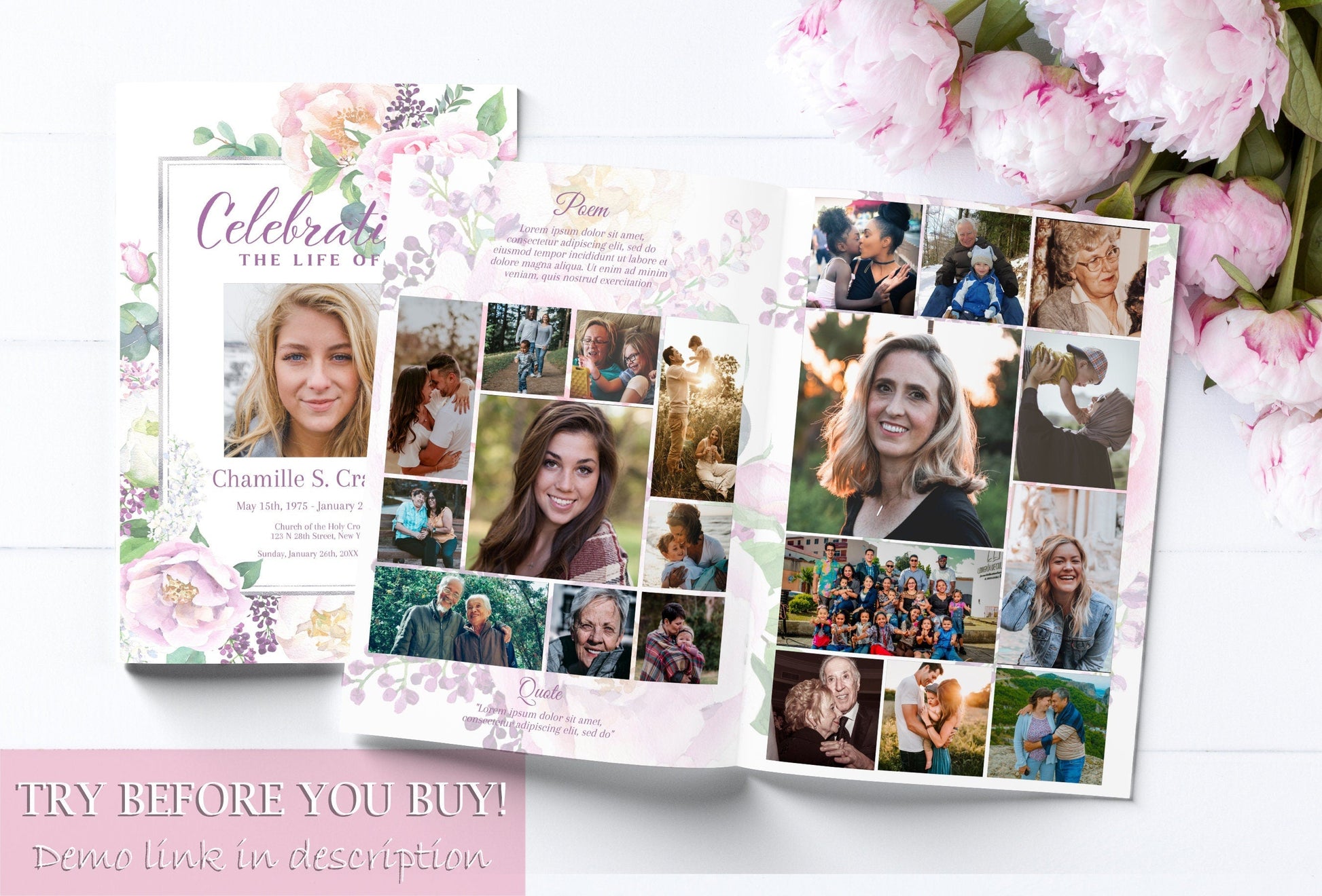 Pink Floral Funeral Program Template For Girl - 8 Page - lovingmemoryprints