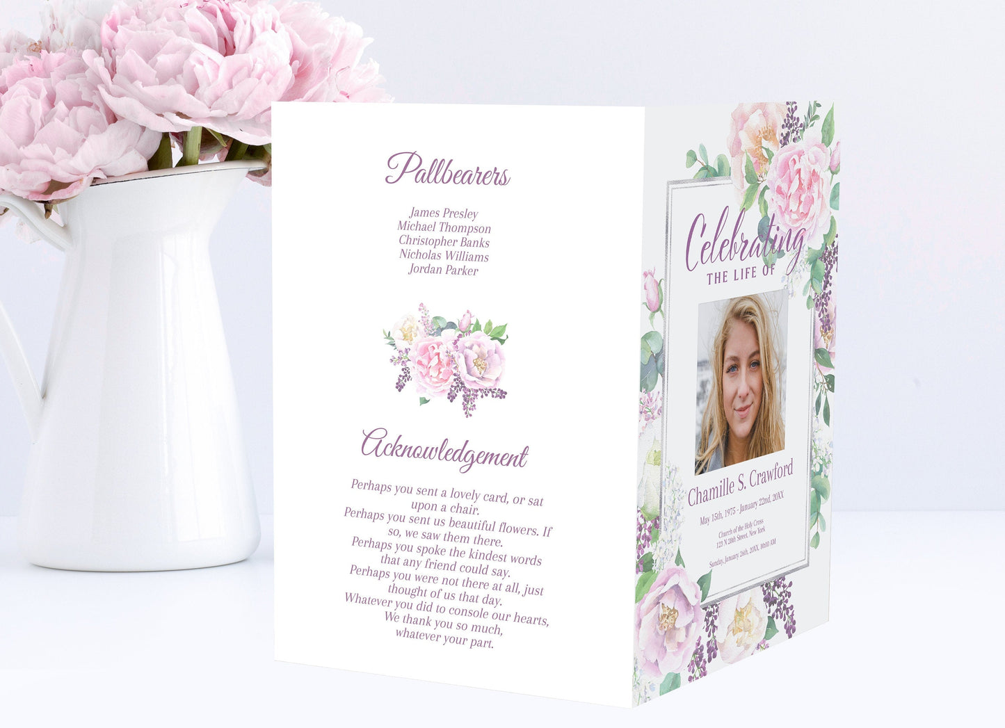 Pink Floral Funeral Program Template For Girl - 8 Page - lovingmemoryprints