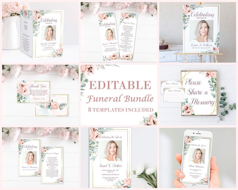 Pink Floral Funeral Template Program Bundle - lovingmemoryprints