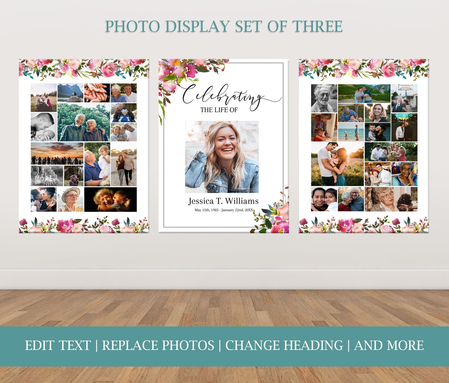 Pink Floral Memory Board Poster Templates - Set of 3 - lovingmemoryprints