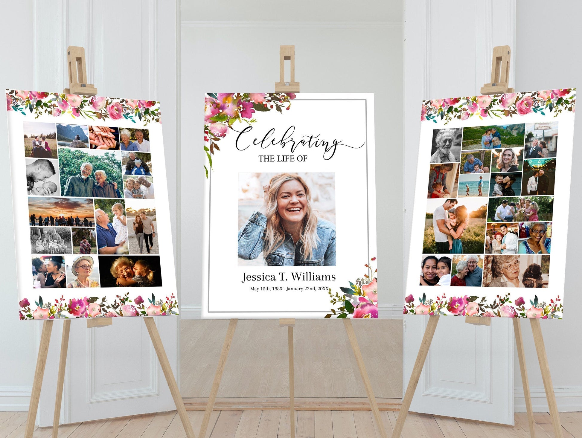 Pink Floral Memory Board Poster Templates - Set of 3 - lovingmemoryprints