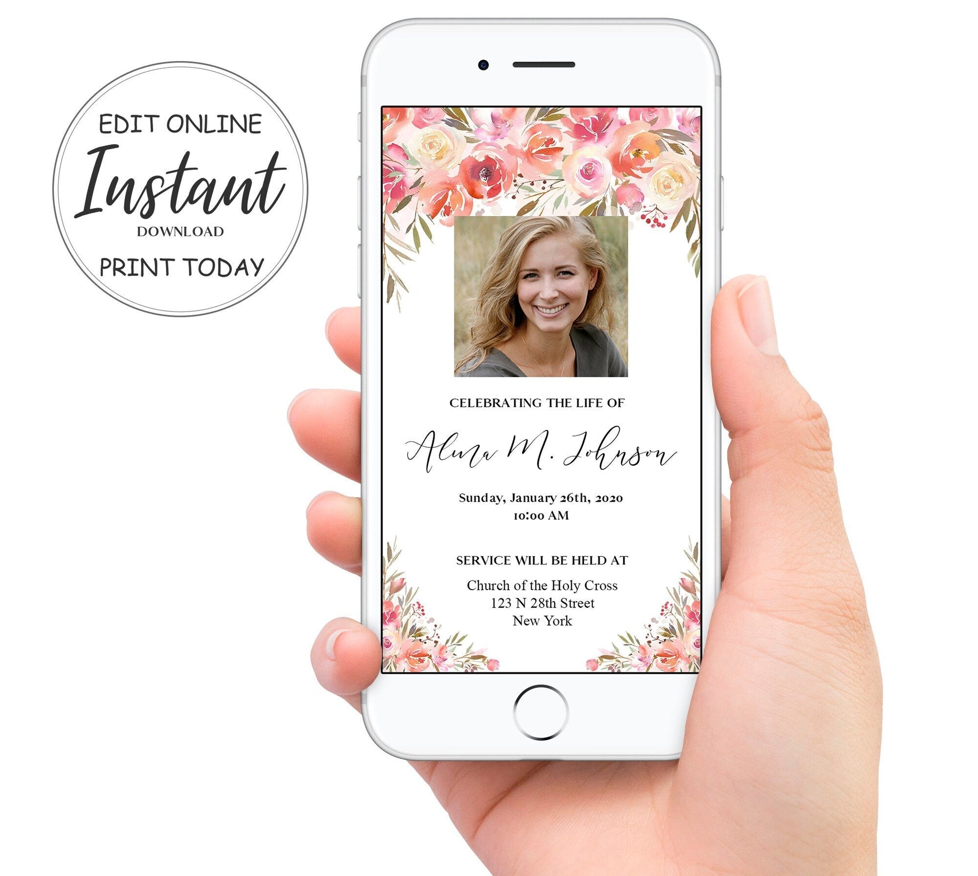 Pink Flower Funeral Invitation Template - Digital & Physical - lovingmemoryprints