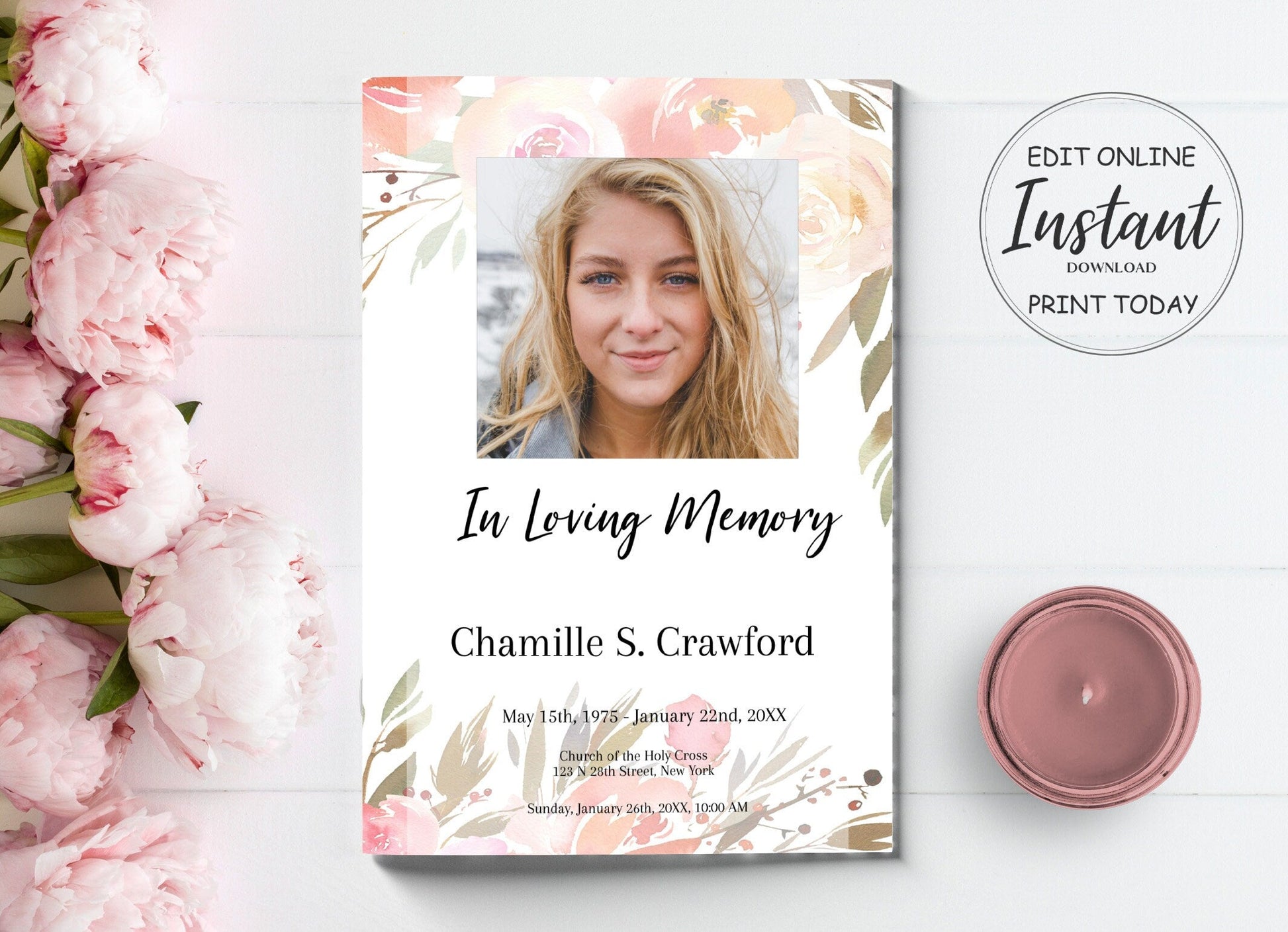 Pink Funeral Program Template for Woman | Obituary Template to Honor Your Loved One | Pink Floral Celebration of Life | A104 - lovingmemoryprints