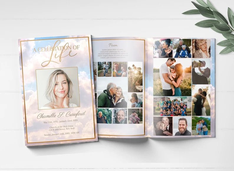 Pink Heavenly Cloud Funeral Program Template - 8 Page - lovingmemoryprints