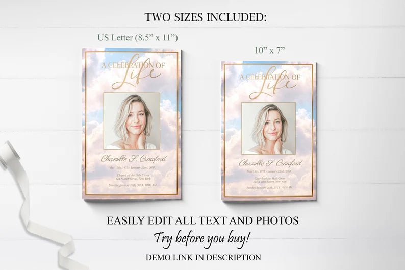 Pink Heavenly Cloud Funeral Program Template - 8 Page - lovingmemoryprints