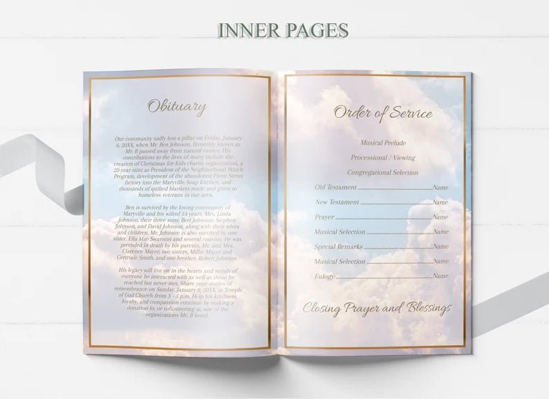 Pink Heavenly Cloud Funeral Program Template - 8 Page - lovingmemoryprints