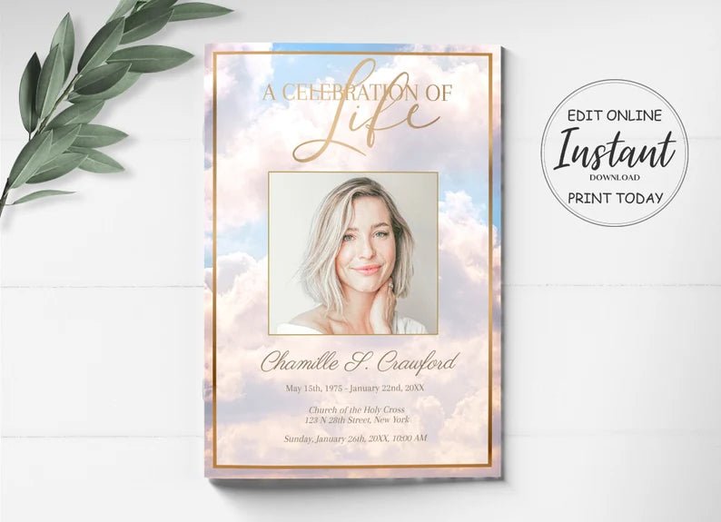 Pink Heavenly Cloud Funeral Program Template - 8 Page - lovingmemoryprints