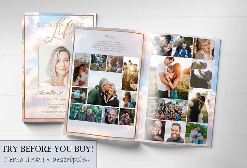 Pink Heavenly Cloud Funeral Program Template - 8 Page - lovingmemoryprints