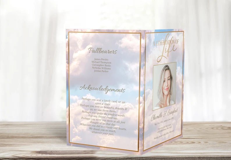 Pink Heavenly Cloud Funeral Program Template - 8 Page - lovingmemoryprints