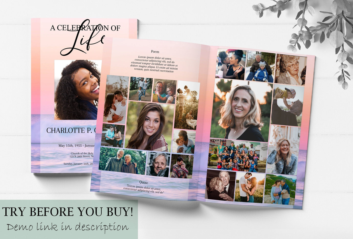Pink Ocean Sunset Funeral Program Template - 8 Page - lovingmemoryprints