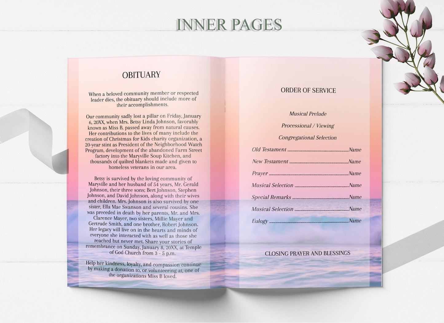 Pink Ocean Sunset Funeral Program Template - 8 Page - lovingmemoryprints