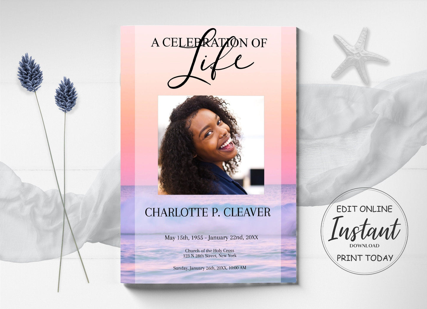 Pink Ocean Sunset Funeral Program Template - 8 Page - lovingmemoryprints