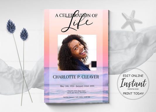 Pink Ocean Sunset Funeral Program Template - 8 Page - lovingmemoryprints