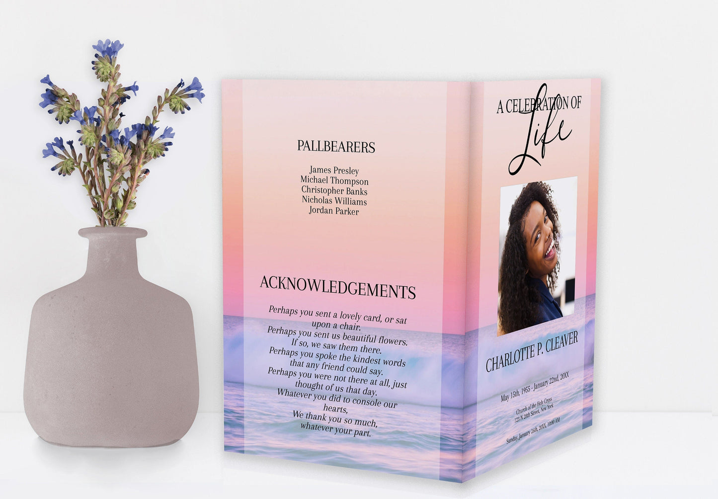 Pink Ocean Sunset Funeral Program Template - 8 Page - lovingmemoryprints