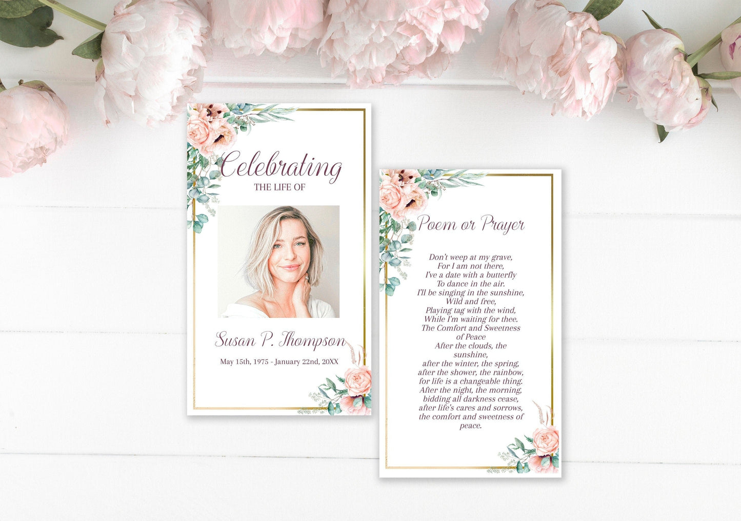 Pink Rose Funeral Prayer Cards Template - lovingmemoryprints