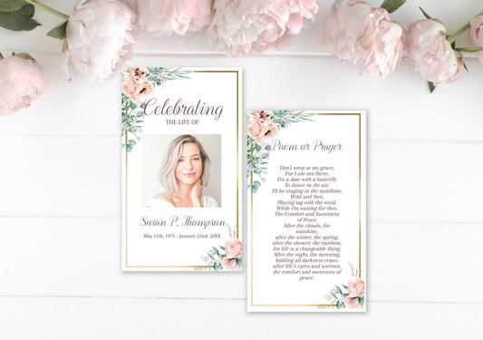 Pink Rose Funeral Prayer Cards Template - lovingmemoryprints