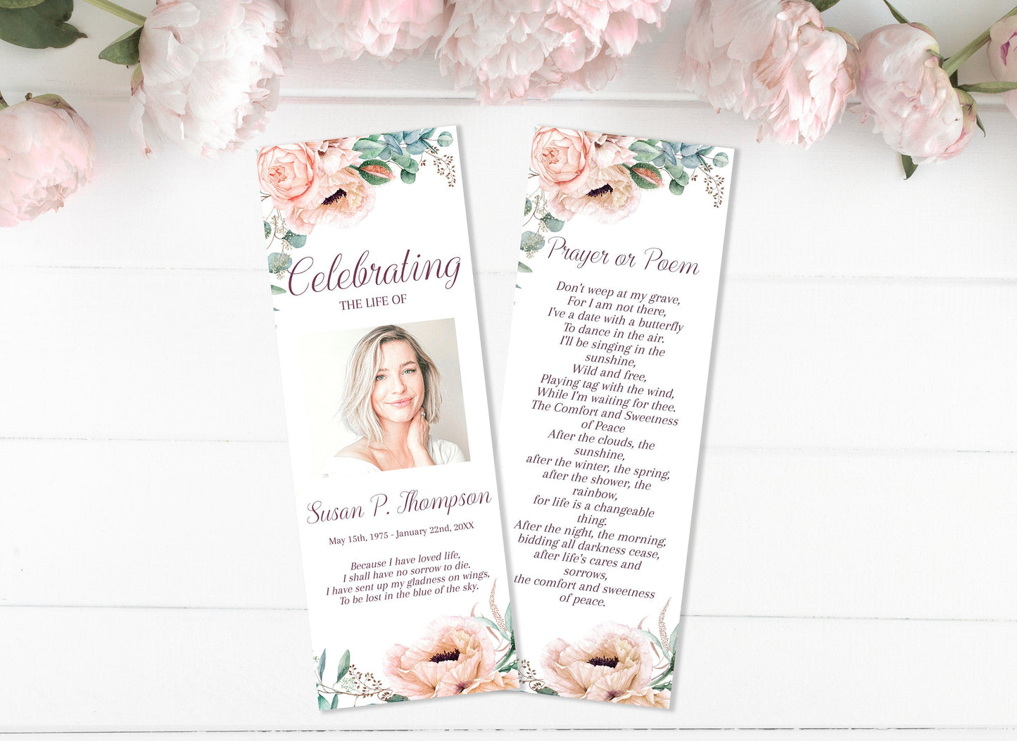 Pink Roses Funeral Service Bookmark Template - lovingmemoryprints