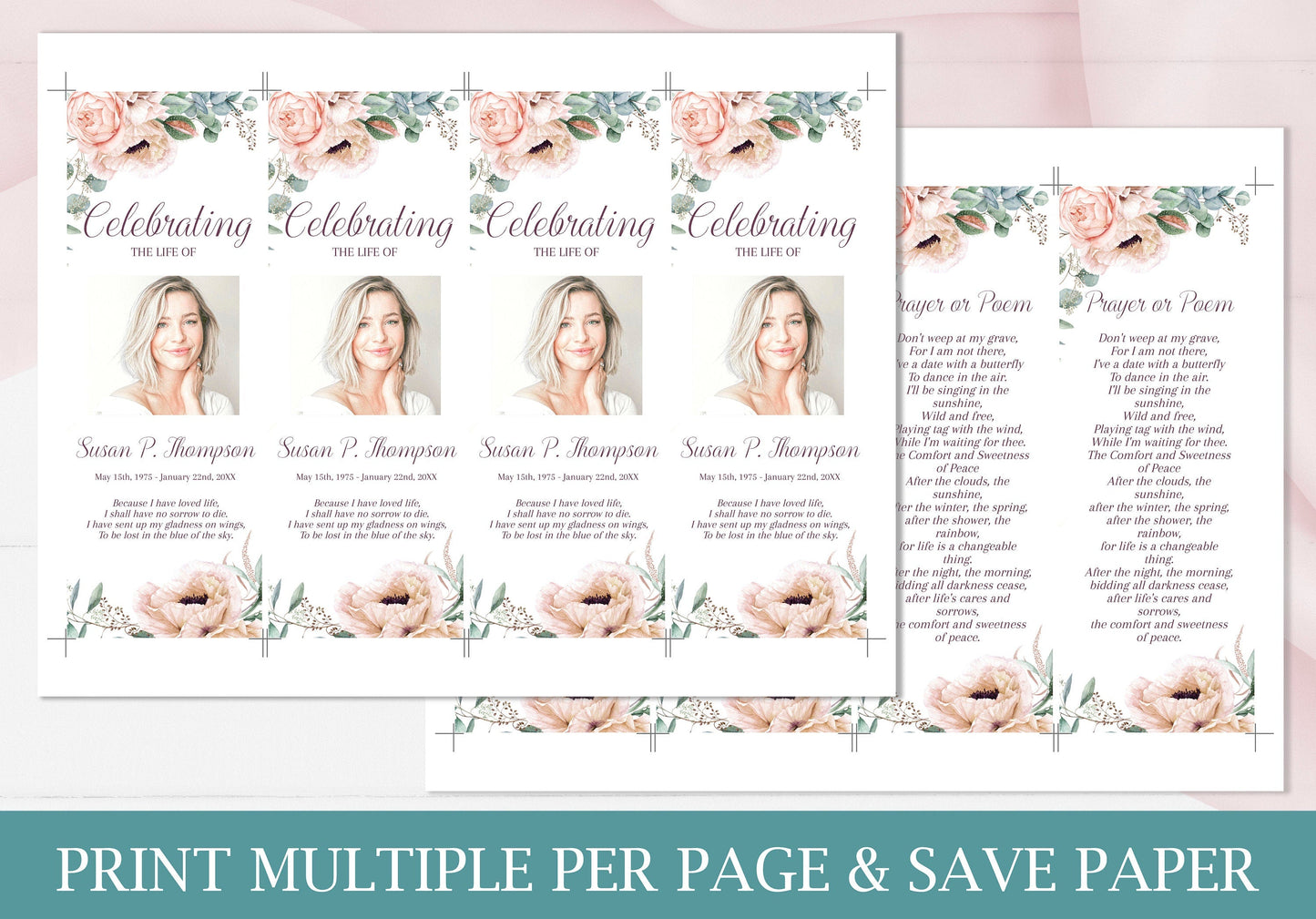 Pink Roses Funeral Service Bookmark Template - lovingmemoryprints