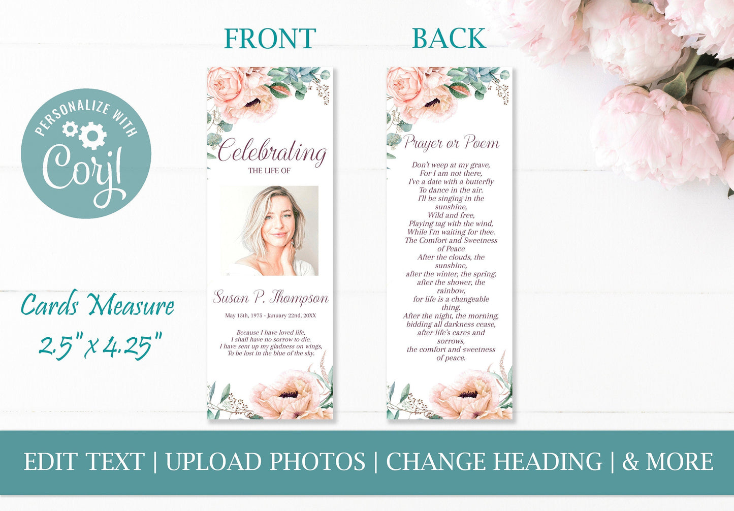 Pink Roses Funeral Service Bookmark Template - lovingmemoryprints