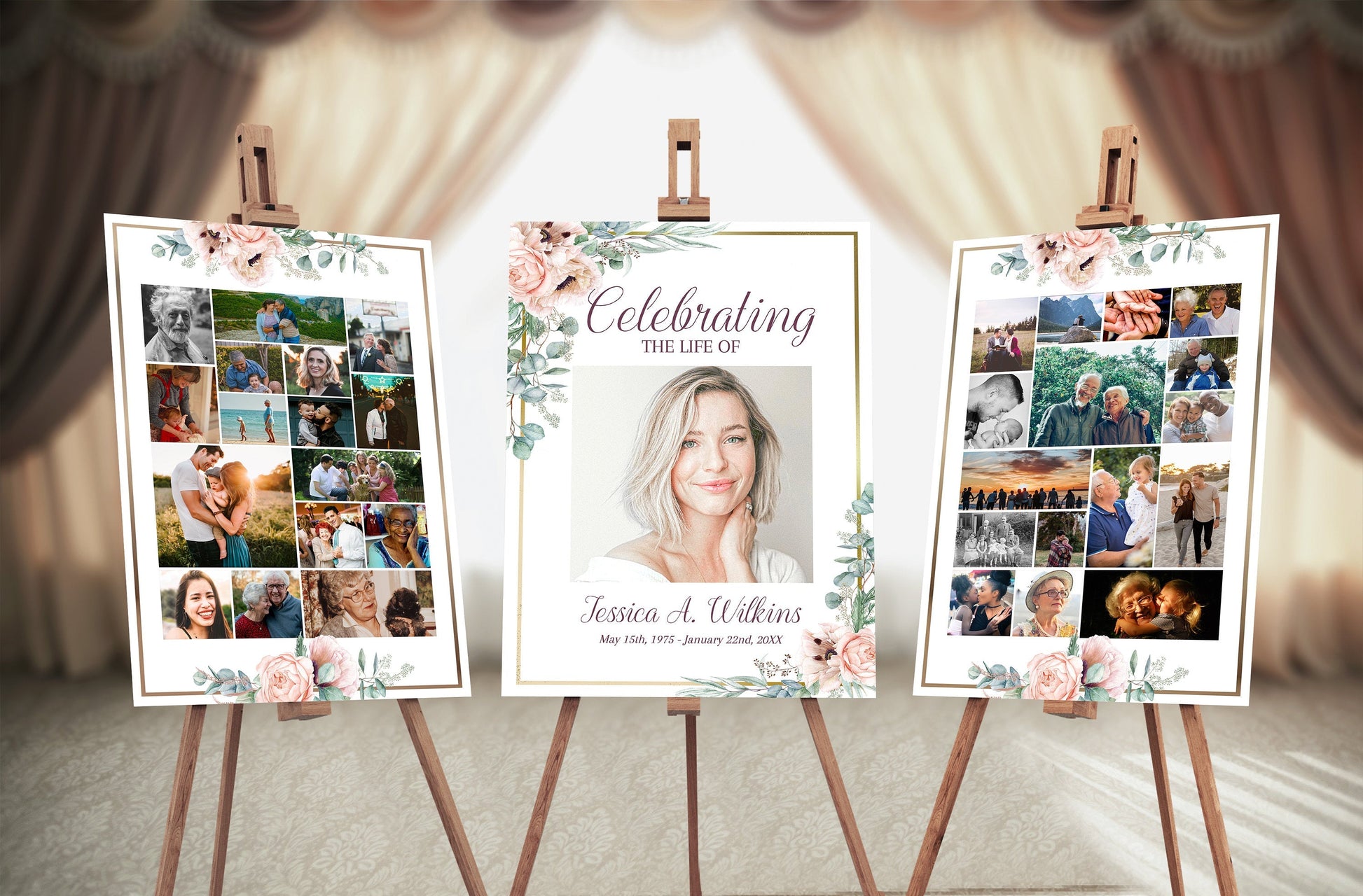 Pink Roses & Gold Funeral Memory Board Photo Template - Set of 3 - lovingmemoryprints