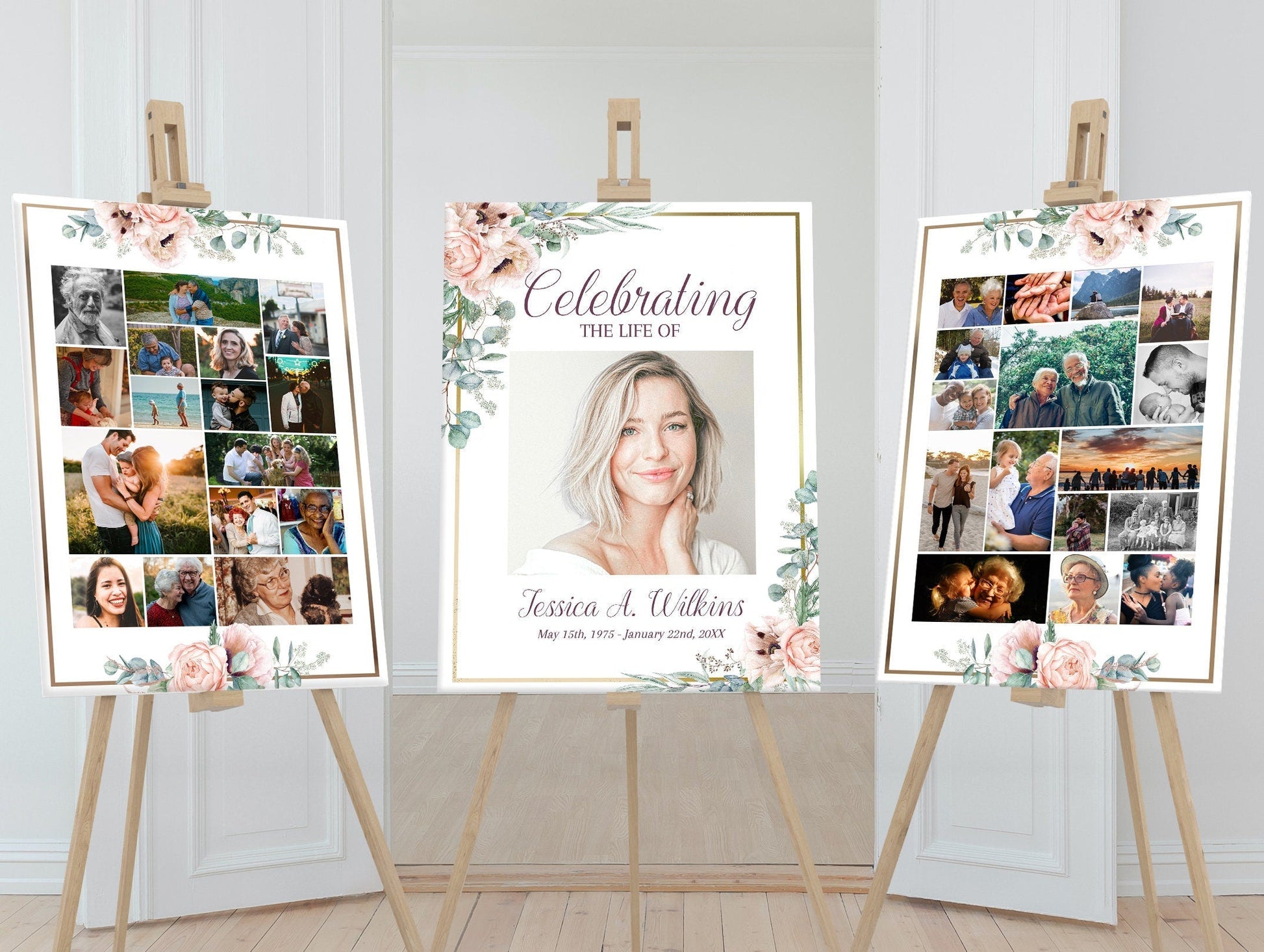 Pink Roses & Gold Funeral Memory Board Photo Template - Set of 3 - lovingmemoryprints