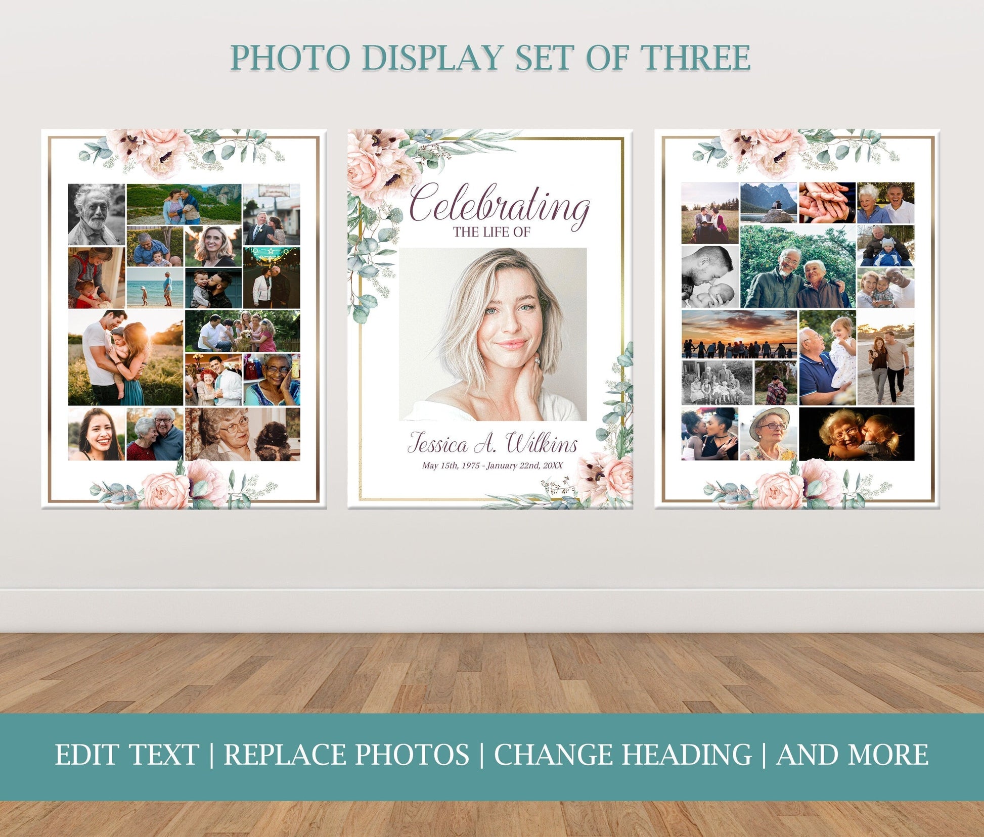 Pink Roses & Gold Funeral Memory Board Photo Template - Set of 3 - lovingmemoryprints