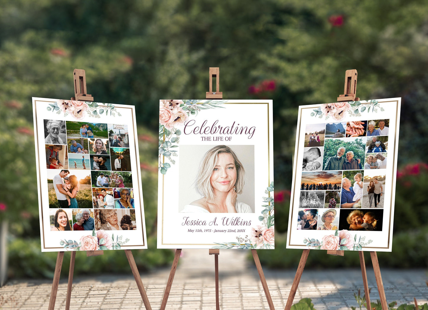 Pink Roses & Gold Funeral Memory Board Photo Template - Set of 3 - lovingmemoryprints