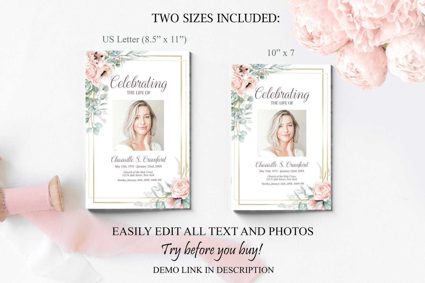 Pink Roses & Photo Collage Funeral Program Template - 8 Page - lovingmemoryprints
