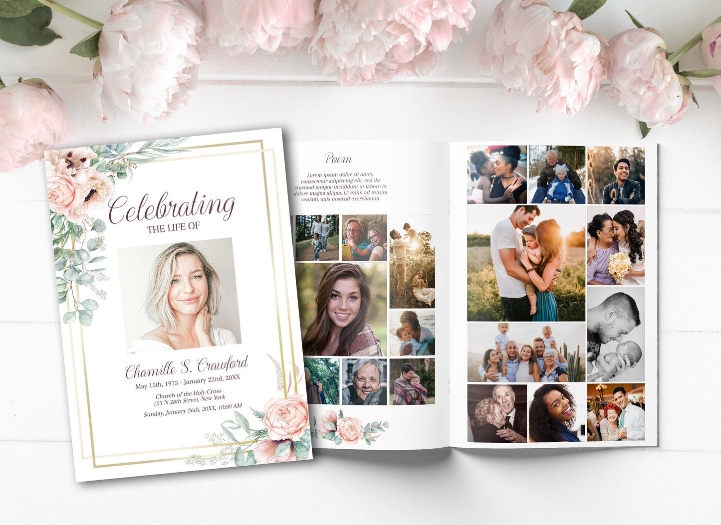 Pink Roses & Photo Collage Funeral Program Template - 8 Page - lovingmemoryprints